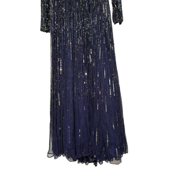 Mac Duggal Formal Dress Size 12 Navy Blue Sequin Long Sleeve V-Neck Evening Gown - Picture 12 of 16